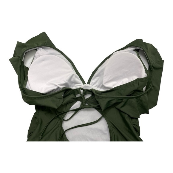 CUPSHE Women's One Piece Army Green Ruffled Lace Up V Neck Monokini Swimsuit - Picture 8 of 12